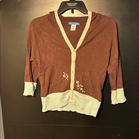 dELiA*s Brown, Pink and Light Blue Cardigan/Hoodie with Floral Beaded Detail - Picture 1 of 4